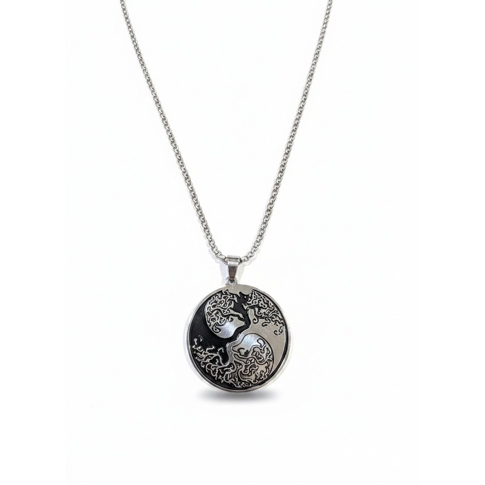 Yin Yang Tree of Life Pendant Necklace Silver Tone Black Medallion Curb Chain